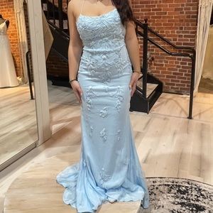 Faviana beaded blue prom dress